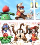  1girl alternate_color animal_ears banana_peel barrel baseball_cap brown_hair butterfree cosplay diddy_kong diddy_kong_(cosplay) donkey_kong_(series) game_screenshot_inset gun hand_in_own_hair hat holding holding_gun holding_poke_ball holding_weapon ivysaur kicdon leaf_(pokemon) mankey monkey_ears monkey_tail poke_ball poke_ball_(basic) pokemon pokemon_frlg red_shirt shirt sleeveless sleeveless_shirt squirtle star_(symbol) super_smash_bros. tail vs_seeker weapon 