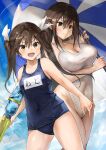  2girls bare_arms bare_shoulders black_swimsuit blush breasts brown_eyes brown_hair chikuma_(kancolle) cleavage closed_mouth collarbone cowboy_shot day eyebrows_visible_through_hair hair_between_eyes hair_ribbon highleg highleg_swimsuit highres holding holding_water_gun kantai_collection large_breasts long_hair multiple_girls name_tag old_school_swimsuit one-piece_swimsuit open_mouth parasol ribbon school_swimsuit small_breasts smile swimsuit toka_(marchlizard) tone_(kancolle) twintails umbrella water_gun white_ribbon white_swimsuit 