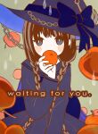  1girl absurdres anchor_hat_ornament apple blue_bow bow braid brown_hair chain covered_mouth food fruit funamusea hat hat_ornament highres holding holding_food holding_fruit low_twin_braids oounabara_to_wadanohara pleated_skirt shirt skirt solo twin_braids tz_(maomituanzi) wadanohara witch_hat 