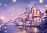  akagi_shun arch architecture bridge building cathedral flower fog gazebo gondola ground_vehicle moon night no_humans original pier purple_sky purple_theme railroad_tracks reflective_water rose scenery sky star_(sky) train tree water window 