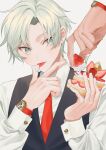  2boys collared_shirt commentary_request food fruit green_eyes green_hair hands_up highres holding holding_food licking licking_finger long_sleeves looking_at_another male_focus megechan multiple_boys necktie original raspberry red_neckwear shirt short_hair simple_background strawberry_shortcake tongue tongue_out very_short_hair waistcoat watch white_background white_shirt wristwatch 