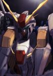  absurdres close-up commentary dark dark_background green_eyes gundam gundam_hathaway&#039;s_flash highres light mecha mobile_suit no_humans nori_(arara105) procreate_(medium) science_fiction shade shadow solo upper_body v-fin xi_gundam 