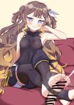  1girl absurdres anya_melfissa asymmetrical_clothes black_leotard black_pants black_thighhighs blonde_hair blunt_bangs brown_hair censored covered_navel crossed_ankles cum disembodied_penis ejaculation feet foot_focus foot_out_of_frame footjob gradient_hair hair_ribbon head_rest highres hololive hololive_idol_uniform_(color_rise) hololive_indonesia kris_hair_ornament leotard light_blush long_hair multicolored_hair no_shoes pants penis penis_in_thighhigh projectile_cum purple_eyes ribbon scribble_censor second-party_source see-through_clothes see-through_leotard shirt short_eyebrows single_pantsleg sitting smell smirk steaming_body streaked_hair sweat sweaty_armpits thighhighs toeless_legwear unworn_shirt very_long_hair virtual_youtuber wavy_hair white_ribbon yellow_background zedxxx 