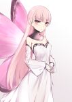  1girl bangs bare_shoulders blonde_hair breasts butterfly_wings coral_(fate) detached_sleeves dress elfenlied22 fairy fairy_wings fate/grand_order fate_(series) jewelry long_hair looking_at_viewer medium_breasts neck_ring pink_eyes pointy_ears puffy_sleeves solo white_dress wings 