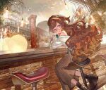  1girl anya_melfissa brown_hair closed_mouth commentary_request copyright_notice glasses hat hololive hololive_indonesia long_hair long_skirt looking_at_viewer nozaki_tsubata official_art plaid_clothes plaid_skirt purple_eyes shirt shirt_tucked_in single_bare_shoulder sitting skirt solo stool virtual_youtuber white_shirt 