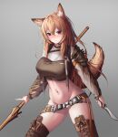  1girl absurdres animal_ear_fluff animal_ears arknights bangs bare_shoulders blush boots breasts brown_eyes brown_footwear brown_hair brown_shirt ceobe_(arknights) chun_bae cowboy_shot crop_top dog_ears dog_tail english_commentary eyebrows_visible_through_hair grey_background hair_between_eyes highres holding holding_knife holding_staff knife korean_commentary large_breasts long_hair long_sleeves looking_at_viewer mixed-language_commentary navel no_pants shirt simple_background solo staff standing stomach tail thigh_boots thighhighs thighs 