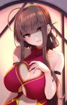  1girl armband bare_shoulders breasts brown_hair cleavage cleavage_cutout clothing_cutout dsr-50_(girls&#039;_frontline) girls&#039;_frontline hand_on_own_chest highres large_breasts leotard looking_at_viewer popoman seductive_smile smile 