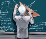  1boy black_pants chalk chalkboard collared_shirt equation final_fantasy final_fantasy_vii final_fantasy_vii_ever_crisis grey_jacket hayashishisou highres holding holding_chalk jacket male_focus official_alternate_costume pants parted_bangs school_uniform sephiroth sephiroth_(ever_crisis) sephiroth_(shinra_private_academy) set_square shirt short_hair solo suit_jacket upper_body white_hair white_shirt 