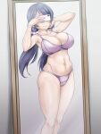  1girl bare_arms bare_legs bra breasts cellphone cleavage closed_mouth collarbone commentary_request hair_ornament hair_scrunchie highres holding holding_phone large_breasts long_hair love_live! love_live!_school_idol_project mirror navel panties phone purple_bra purple_hair purple_panties reflection scrunchie selfie smartphone smile solo standing stomach thighs tojo_nozomi toned toned_female twintails underwear underwear_only uzumi_(uzumi_yosi) 