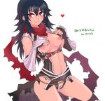  1girl armor arsk assassin_cross_(ragnarok_online) bangs black_cape black_gloves black_legwear black_leotard blue_hair blush breasts cape closed_mouth clothes_pull colorized commentary_request cowboy_shot dutch_angle elbow_gloves eremes_guile eyebrows_visible_through_hair fingerless_gloves genderswap genderswap_(mtf) gloves hair_between_eyes heart highres kneehighs leotard leotard_pull long_hair looking_at_viewer medium_breasts navel nipples pauldrons pussy pussy_peek ragnarok_online red_eyes red_scarf revealing_clothes scarf shoulder_armor simple_background smile solo sptbird torn_cape torn_clothes torn_scarf vambraces waist_cape white_background 
