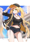  1girl absurdres adjusting_clothes adjusting_headwear arm_up azur_lane bangs baseball_cap black_headwear black_jacket black_tail blonde_hair blue_sky blurry blurry_background blush breasts casual cleavage clip_studio_paint_(medium) closed_mouth clothes_writing cloud collarbone commentary_request cowboy_shot crop_top day denim denim_shorts eyebrows_visible_through_hair green_eyes groin hair_between_eyes hat highres hornet_(azur_lane) jacket jewelry karla_(kimidori3) large_breasts long_hair long_sleeves midriff navel necklace off_shoulder open_clothes open_jacket short_shorts shorts sidelocks single_bare_shoulder sky smile solo standing taut_clothes twintails very_long_hair white_background 