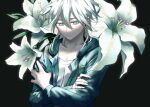  1boy bangs black_background collarbone crossed_arms danganronpa_(series) danganronpa_2:_goodbye_despair flower green_eyes green_jacket grey_hair hair_between_eyes jacket komaeda_nagito lily_(flower) long_sleeves male_focus open_clothes open_jacket print_shirt shirt short_hair solo upper_body watase_(wataxx) white_flower 