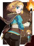  1boy 1girl ass blonde_hair blue_eyes breasts fingerless_gloves gloves hair_ornament hairclip highres link looking_at_viewer open_mouth pointy_ears princess_zelda shimure_(460) short_hair the_legend_of_zelda the_legend_of_zelda:_breath_of_the_wild the_legend_of_zelda:_breath_of_the_wild_2 thick_eyebrows 
