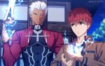  2boys akujiki59 archer_(fate) covered_abs dark-skinned_male dark_skin emiya_shirou fate/stay_night fate_(series) gakuran lightning looking_at_another male_focus multiple_boys muscular muscular_male official_style orange_hair pectorals school_uniform short_hair shrug_(clothing) spiked_hair upper_body white_hair 
