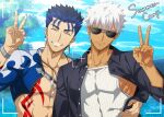  2boys ^_^ abs akujiki59 archer_(fate) black-framed_eyewear blue_hair blush closed_eyes collarbone cu_chulainn_(fate) cu_chulainn_(fate/stay_night) dark-skinned_male dark_skin fate/grand_order fate/stay_night fate_(series) grin interracial male_focus moon_necklace multiple_boys official_alternate_costume official_style pectorals red_eyes short_hair sidepec smile spiked_hair stomach summer_casual_(fate) sunglasses tank_top toned toned_male upper_body v white_hair white_tank_top yaoi 