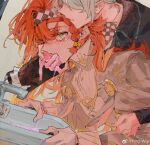  2girls black_coat blush checkered_hairband chinese_commentary coat commentary_request faucet finger_in_another&#039;s_mouth freckles gloves grey_eyes grey_hair hairband high_collar long_hair multiple_girls orange_hair parted_lips reverse:1999 sink sonetto_(reverse:1999) tears vertin_(reverse:1999) vomit watermark weibo_watermark white_gloves ying_(suetmo) yuri 
