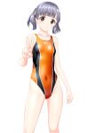  1girl absurdres bangs black_eyes blunt_bangs breasts clothes_writing collarbone competition_swimsuit contrapposto covered_navel cowboy_shot grey_hair highres kantai_collection looking_at_viewer multicolored multicolored_clothes multicolored_swimsuit one-piece_swimsuit ooshio_(kancolle) orange_swimsuit short_hair simple_background small_breasts solo standing swimsuit takafumi twintails two-tone_swimsuit v white_background 