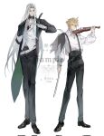  2boys alternate_costume aqua_eyes belt black_belt black_jacket black_pants black_shirt black_shoes blonde_hair cloud_strife collared_shirt conductor conductor_baton dress_shoes final_fantasy final_fantasy_vii full_body gloves grey_hair highres holding holding_baton holding_instrument holding_violin instrument jacket light_smile long_bangs long_hair long_sleeves male_focus multiple_boys pants parted_bangs puffy_long_sleeves puffy_sleeves ryona_kuma sephiroth shirt shoes short_hair spiked_hair suspenders v-neck vest violin waistcoat white_background white_belt white_gloves white_shirt white_vest 