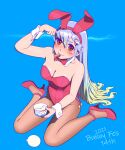  1girl absurdres animal_ears blue_background bow bowtie brain_freeze breasts brown_eyes brown_legwear cleavage commentary_request detached_collar fake_animal_ears food fukusuke_hachi-gou highres ice_cream leotard long_hair looking_at_viewer medium_breasts mouth_hold original pantyhose playboy_bunny rabbit_ears rabbit_tail red_leotard red_neckwear silver_hair sitting solo strapless strapless_leotard tail wariza wrist_cuffs 