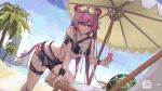 1girl absurdres animal_ears arknights ball beach beach_chair beach_umbrella bikini black_bikini black_shorts building chain commentary drink eyewear_on_head foot_out_of_frame gzs hair_between_eyes highres holding holding_drink lin_yuhsia_(arknights) long_hair looking_at_viewer mouse_ears mouse_girl mouse_tail outdoors palm_tree pink_eyes pink_hair sand shorts skyscraper solo sunglasses swimsuit tail thigh_strap tree umbrella water 