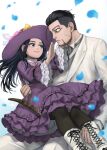  1boy 1girl asirpa beard black_hair black_legwear blue_eyes boots bow carrying closed_mouth dress earrings facial_hair floating_hair flower golden_kamuy gothic_lolita grey_neckwear hat hat_bow hat_flower jacket jewelry lolita_fashion long_hair long_sleeves mitsuya ogata_hyakunosuke pantyhose petals pink_flower princess_carry purple_dress purple_headwear scar scar_on_cheek scar_on_face smile sun_hat vest white_background white_footwear white_jacket white_vest yellow_bow 