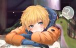  1girl ? apex_legends artist_name bangs blanket blonde_hair blue_eyes blue_gloves blurry blurry_background eyebrows_visible_through_hair gloves highres hood hooded_jacket jacket leaning_forward nessie_(respawn) orange_jacket osushimax plaid_blanket scar scar_on_cheek scar_on_face solo speech_bubble spoken_question_mark stuffed_toy wattson_(apex_legends) 