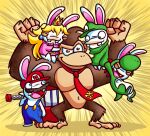 2018 5_fingers 5_toes altermentality anthro ape black_facial_hair black_mustache blonde_hair blue_clothing blue_eyes blue_overalls brown_body brown_eyes brown_fur buckteeth button_(fastener) clothing colored crossover crown digital_drawing_(artwork) digital_media_(artwork) donkey_kong_(character) donkey_kong_(series) eyes_closed facial_hair featureless_feet feet female female_anthro fingers fist fur furrowed_brow green_clothing green_costume green_hat green_headwear green_shirt green_topwear group hair hammer haplorhine happy hat headgear headwear holding_hammer holding_melee_weapon holding_object holding_tool holding_weapon lagomorph lifting_another light lighting long_ears long_hair male male_anthro mammal mario_bros mario_plus_rabbids_kingdom_battle melee_weapon mitten_hands mostly_nude multicolored_body muscular muscular_anthro muscular_male mustache navel necktie necktie_only nintendo noseless open_mouth open_smile overalls pink_clothing pink_inner_ear pink_shirt pink_topwear pockets primate rabbid rabbid_luigi rabbid_mario rabbid_peach rabbid_yoshi raving_rabbids rayman_(series) red_clothing red_hat red_headwear red_necktie shaded shirt simple_background size_difference smaller_anthro smaller_female smaller_male smile smiling_at_another smiling_at_viewer standing tan_body tan_eyelids tan_skin teeth toes tools topwear two_tone_body ubisoft weapon white_body white_fur yellow_background