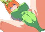  1girl blue_eyes blush bow breasts breasts_apart closed_mouth covered_navel covered_nipples crotch_focus dot_nose from_below go-toubun_no_hanayome green_bow hair_bow kishishi_(kishiman-ya) kneepits large_breasts nakano_yotsuba orange_hair paid_reward_available short_hair simple_background smile solo split_mouth spread_legs swimsuit white_background 