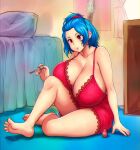  1girl bare_legs barefoot bed blue_hair breasts cleavage curtains dress erkaz full_body highres huge_breasts knee_up medium_hair original red_dress red_eyes rina_atherina shadow sitting solo window 