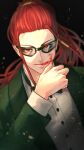  1boy absurdres black-framed_eyewear black_background blood blood_on_face bow bowtie green_suit hair_tubes hand_up highres licking_lips long_hair looking_at_viewer murujimu original ponytail red_eyes red_hair solo sunglasses tongue tongue_out tuxedo yandere 
