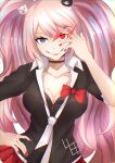  1girl absurdres bangs bear_hair_ornament black_bra black_choker black_neckwear blue_eyes bow bra bra_peek breasts choker cleavage collarbone danganronpa:_trigger_happy_havoc danganronpa_(series) enoshima_junko grin hair_ornament hand_on_hip hand_up heterochromia highres huge_filesize lace-trimmed_bra lace_trim large_breasts long_hair miniskirt nail_polish necktie red_bow red_eyes red_nails shiny shiny_hair shirt skirt sleeves_rolled_up smile solo twintails underwear upper_body very_long_hair weiss_9610 white_neckwear 
