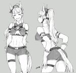  1girl abs adapted_costume animal_ears ass bangs bare_shoulders belt bow bowtie breasts gloves gold_ship_(umamusume) greyscale grin highres horse_ears horse_tail long_hair looking_at_viewer midriff monochrome muscular muscular_female navel picoheads ponytail shorts smile solo tail umamusume 