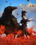  1girl animal arm_tattoo bird black_bird black_hair black_ribbon black_skirt black_sleeves black_thighhighs blurry blurry_background blurry_foreground breasts closed_eyes closed_mouth crow day depth_of_field detached_sleeves feet_out_of_frame field flock flower flower_field from_side hand_on_sheath highres jewelry katana long_hair miniskirt mountain mountainous_horizon neck_tattoo necklace original outdoors oversized_animal profile red_eyes red_flower ribbon sam_yang scabbard sheath sidelocks skirt small_breasts solo standing sword tattoo thighhighs weapon zettai_ryouiki 
