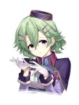  1girl eiyuu_densetsu garrison_cap gloves green_hair hair_ornament hairclip hakuleg hat looking_at_viewer musse_egret purple_eyes sen_no_kiseki short_hair simple_background smile solo white_background 