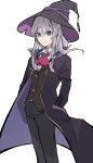  1girl absurdres black_coat black_headwear closed_mouth coat elaina_(majo_no_tabitabi) eyebrows_visible_through_hair eyes_visible_through_hair grey_hair hair_between_eyes hands_in_pockets hat highres long_hair majo_no_tabitabi open_clothes open_coat purple_eyes red_neckwear simple_background smile solo tokyo_bay_seal white_background witch_hat 