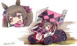  1girl animal_ears brown_eyes brown_hair car commentary eyebrows_visible_through_hair ground_vehicle highres horse_ears horse_girl motor_vehicle racecar sakusan_(ss-awesome) smart_falcon_(umamusume) solo twintails umamusume 