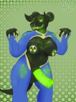 2025 2_horns animal_genitalia animal_penis anthro artist_name back_spikes balls belly big_balls big_breasts big_penis blue_clothing bonebees breasts claws clothing costume dark_body deathclaw digital_drawing_(artwork) digital_media_(artwork) equine_genitalia equine_penis facial_piercing fallout genitals glowing glowing_deathclaw glowing_eyes glowing_genitalia glowing_navel glowing_nipples glowing_penis glowing_stretch_marks glowing_underneath_clothes green_eyes gynomorph hazard_symbol hi_res horn huge_balls huge_breasts huge_penis intersex microsoft navel nipples non-mammal_breasts non-mammal_navel nose_piercing nose_ring pasties penis piercing radiation_symbol raya_(bonebees) reverse_bunny_costume ring_piercing scalie sharp_teeth simple_background slightly_chubby smile solo spikes spikes_(anatomy) symbol tail teeth text vault_suit
