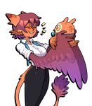 ambiguous_gender animal_humanoid avian avian_humanoid bird bird_humanoid bottomwear clothing discount-supervillain duo feathered_wings feathers female feral hair head_wings hi_res humanoid owl owl_humanoid pants shirt smile tail topwear unusual_wing_placement wings