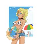  2girls animal_print ball beach beach_umbrella beachball bikini bikini_under_clothes blonde_hair blue_eyes blue_sky bow carrot_print commentary_request cow_print dark-skinned_female dark_skin dated fake_tail focused food_print hair_bow holding holding_ball holding_beachball kuramitsu_mihoshi looking_at_viewer meyama_mamezou multiple_girls ocean pointy_ears rabbit_tail red_bow ryouko_(tenchi_muyou!) sky spiked_hair sweat swimsuit tail tenchi_muyou! umbrella water wristband 