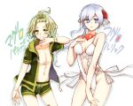  1boy 1girl :o antenna_hair bangs blue_eyes breasts cleavage flower forehead green_eyes green_hair green_jacket green_shorts hair_between_eyes hair_flower hair_ornament jacket long_hair looking_at_viewer male_swimwear navel one-piece_swimsuit open_clothes open_jacket open_mouth pinocchio_(sinoalice) red_flower red_rose rico_tta rose short_hair short_sleeves shorts simple_background sinoalice snow_white_(sinoalice) swim_trunks swimsuit white_background white_hair white_swimsuit 