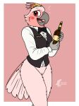 2025 anthro avian bartender bird blush bottle bottomless bottomless_female bow_tie breasts clothed clothing cockatoo collared_shirt container digital_media_(artwork) dress_shirt feathered_crest feathers female fish_birb genitals head_crest hi_res jenny_(fish_birb) major_mitchell&#039;s_cockatoo name_tag non-mammal_breasts parrot pink_background pink_body pink_feathers pinup pose pussy red_eyes shirt shy simple_background solo tail thick_thighs topwear uniform vest waiter waitress_uniform watermark wine_bottle