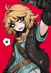  1girl absurdres aiming aiming_at_viewer aqua_shirt arm_up artist_name bandolier belt black_eyeliner black_jacket blonde_hair brown_belt commentary dokibird_(vtuber) dokibird_(vtuber)_(bounty_hunter) eyelashes eyeliner feather_hair green_eyes gun hair_ornament hashtag-only_commentary highres holding holding_gun holding_weapon indie_virtual_youtuber jacket leather_belt makeup mikuneki neckerchief open_mouth orange_neckerchief red_background revolver shirt simple_background sleeves_rolled_up solo speech_bubble spoken_skull striped_clothes striped_shirt teeth upper_teeth_only v-shaped_eyebrows vertical-striped_clothes vertical-striped_shirt virtual_youtuber weapon x_hair_ornament 