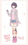  1girl bare_arms black_hair blue_shorts blunt_ends bob_cut border bow bracelet brown_eyes buttons character_print collared_jacket commentary_request denim denim_shorts dot_nose expressionless footwear_bow full_body grey_border grey_jacket holding holding_wallet jacket jewelry long_sleeves looking_ahead nishimura_eri open_clothes open_jacket original parted_lips pink_bow pink_shirt pink_shoes pocket shirt shoes short_hair short_shorts shorts sneakers solo sparkle standing striped_border sweater_jacket t-shirt thighhighs wallet white_background yellow_thighhighs 
