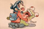  1girl backpack bag blue_bag digimon digimon_(creature) fang grey_pants highres jacket kneeling numemon open_mouth original pants red_eyes red_jacket signature simple_background taragraphika teeth tongue tongue_out traditional_media turdy_(sinobali) 