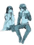  1boy 1girl arm_ribbon belt blue_theme boots bright_pupils commentary_request cropped_jacket detached_sleeves final_fantasy final_fantasy_viii hand_up hands_on_own_cheeks hands_on_own_face invisible_chair jacket jewelry long_hair looking_at_another medu_(rubish) monochrome multiple_belts necklace open_clothes open_jacket open_mouth pants pendant ribbon rinoa_heartilly scar scar_on_face simple_background sitting sketch sleeveless_duster smile squall_leonhart tank_top white_background 