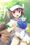  1girl ass_visible_through_thighs bangs baseball baseball_cap baseball_mitt baseball_uniform black_hair black_panties blackberry-chan blackberry_hair_ornament blurry blurry_background blush cameltoe commentary_request depth_of_field eyebrows_visible_through_hair flying_sweatdrops green_headwear hair_between_eyes hat long_hair open_mouth original panties pleated_skirt shikitani_asuka shirt short_sleeves skirt solo sportswear twitter_username underwear very_long_hair wavy_mouth white_shirt white_skirt 