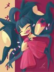  1other closed_eyes colored_skin highres mawile mega_mawile open_mouth pokemon pokemon_(creature) red_background sharp_teeth signature smile solo teeth thatonehaxorus two-tone_background watermark wide_sleeves yellow_background yellow_skin 