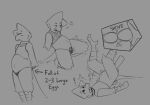 andromorph anthro avian beak bird bodily_fluids clothing collar disembodied_hand drooling egg egg_insertion eggs_in_belly exclamation_point feathers feet intersex oviposition saliva shells_(shellsist) shellsist shirt sketch solo straining tail tail_feathers talon_hands talons tank_top text thong toes topwear underwear