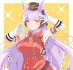  1girl animal_ears armband bangs blunt_bangs border bow bowtie commentary dress eyebrows_visible_through_hair gloves gold_ship_(umamusume) grin headgear high_collar highres horse_ears horse_girl horse_tail long_hair looking_at_viewer namatyoco outside_border pillbox_hat pose purple_eyes red_bow red_dress red_neckwear short_dress silver_hair smile solo standing tail twitter_username umamusume upper_body white_border white_gloves yellow_background 