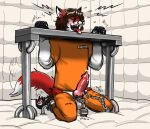 animal_genitalia animal_penis ankle_cuffs anthro asylum bdsm blush bodily_fluids bondage bound brush brushing canid canine canine_genitalia canine_penis claws crying_laughing cuff_(restraint) fox genitals hi_res jimmycervix knot knotted_penis laugh male mammal padded_room padded_walls penis prison_uniform prisoner restraints robotic_arm solo stocks tail tail_motion tailwag tears tickle_fetish tickle_torture tickling tickling_genitalia tickling_machine tickling_penis toe_claws tongue tongue_out